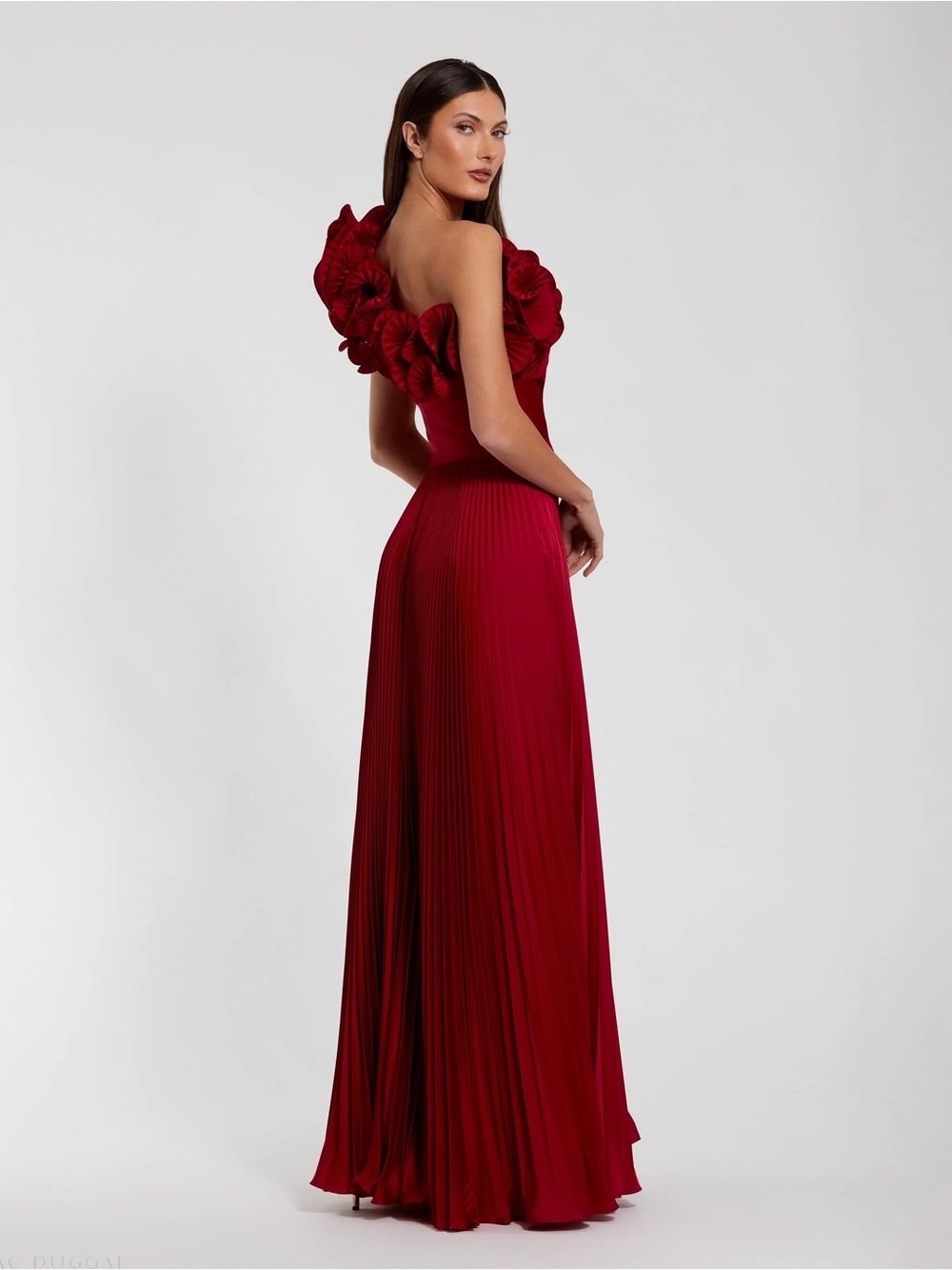 Mac Duggal 49902 Red Pleated One-Shoulder Evening Gown with Ruffle Detail sz 4 - Picture 3 of 11